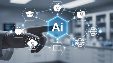 Doctor using virtual touchscreen presses icon: AI. Concept of AI, IT, IOT, web, big data, automation, computer health care integration. Artificial intelligence modernization medical technology. 4k  - Powered by Adobe