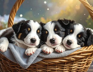 Adorable Trio: Sleeping Puppies in a Woven Basket, a heartwarming animal portrait