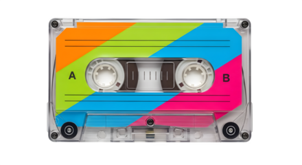 Clear vintage cassette tape features a retro style with bold colors, ideal for music themed product photography, poster design, or a social media post.