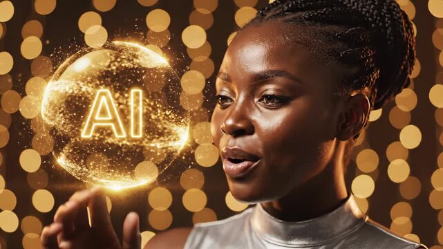 African American woman discovers glowing AI orb. Cinematic close-up sequence of smiling interaction with artificial intelligence. Futuristic tech engagement and digital innovation concept.