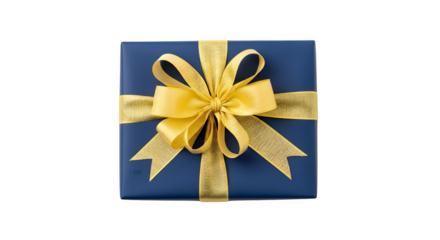 Blue box and gold bow gleam on dark background. Luxury texture creates sophisticated branding, product display, or festive social media designs.