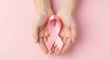 Pink Ribbon Support A symbol of hope and solidarity in the fight against breast cancer held by caring hands a gesture of comfort awareness and remembrance 180 chars