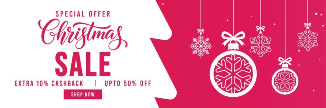Festive Christmas sale banner with pink and white background, hanging snowflake ornaments, bold holiday typography and discount offer, perfect for seasonal retail promotions, web ads, social media mar - Powered by Adobe