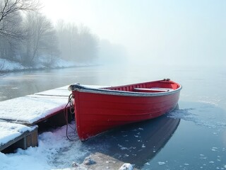 Red Boat On Frozen Winter Lake
