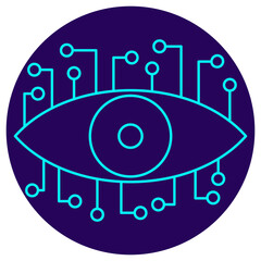 Computer Vision icon. Vector thin line illustration on a round dark blue background. Symbolizes intelligent processing (circuits) of visual data (eye), used for image recognition, object detection