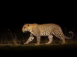 Obraz premium Leopard walking in the dark with grassy foreground and black background