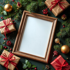 Slanted Christmas Wood Frame Mockup with Ornaments