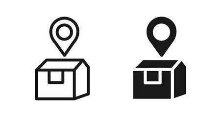 Package location icon set in outline and silhouette style, representing delivery tracking, logistics, parcel services, and shipment navigation, vector illustration.