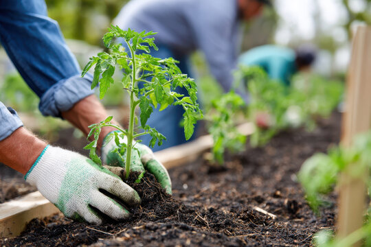Community members plant tomatoes in local garden during spring gardening event - Powered by Adobe