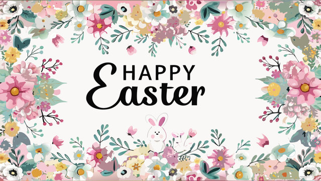 Happy easter greeting card with a floral border and a cute bunny illustration on a white background perfect for spring celebrations and holiday messages