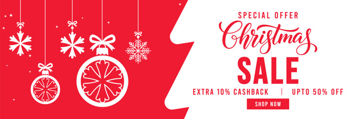 Festive red and white Christmas sale banner with hanging snowflake ornaments and gift boxes, modern holiday typography, special discount and cashback offer design, ideal for seasonal retail, web ads, 