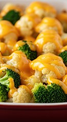 Vibrant broccoli florets and creamy cauliflower smothered in thick, molten, bubbly orange cheddar cheese sauce, baked to golden perfection ,golden ,broccoli ,orange