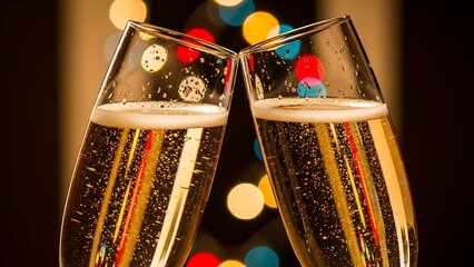 Two champagne flutes toasting against bokeh lights