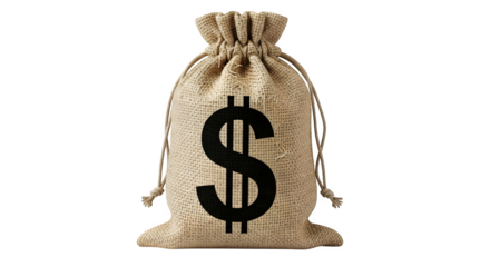 Burlap money bag with black dollar sign against black, providing rustic texture, usable as financial concept, product photography or web backdrop.