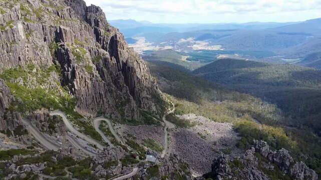 Flying over the Jacobs ladder and it&acute;s serpentines in Tasmania, Australia