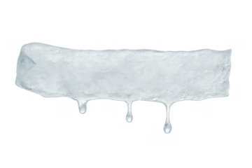 Ice block melting with water drops forming at its base, representing winter's end and the thawing process. Transparent background