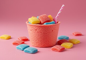 Vibrant bubblegum-flavored dessert with playful colors and sweet confectionery elements, a nostalgic treat appealing to all ages ,Bubblegum ,confectionery ,pastel