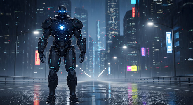 A powerful futuristic robot with glowing blue accents stands on a wet city street at night, surrounded by illuminated skyscrapers and neon lights.