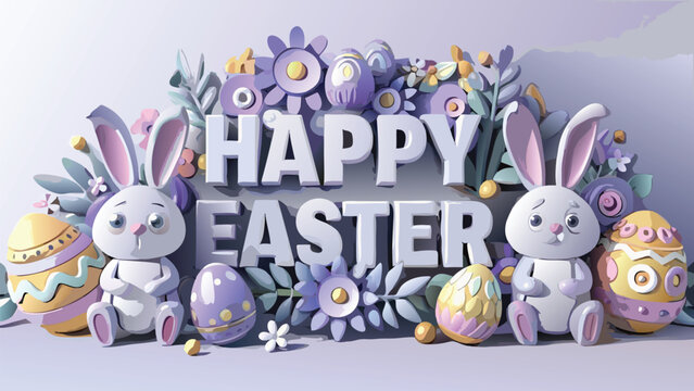 Cute cartoon bunnies and colorful easter eggs surround the words happy easter in a festive floral arrangement with soft pastel colors and a gentle gradient background