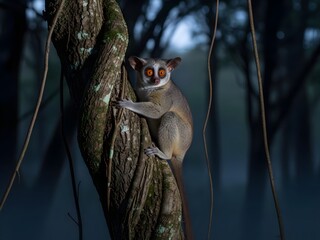 Fototapeta premium Nocturnal lemur clinging to tree trunk in forest habitat portrait