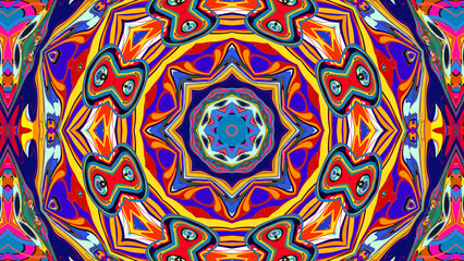 Vivid kaleidoscope design featuring abstract geometric shapes with a vibrant multicolored palette.