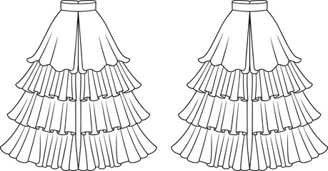 Layered ruffle skirt technical fashion sketch, tiered pleated hem design, high waist silhouette, women apparel drawing template, flowing fabric illustration, 