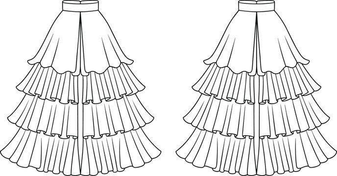 Layered ruffle skirt technical fashion sketch, tiered pleated hem design, high waist silhouette, women apparel drawing template, flowing fabric illustration, 