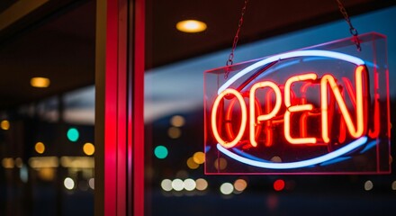 Neon Open Sign Invites Customers at Night Brightly Illuminated Advertising Window Storefront Business Hours Symbol Retail Shop Welcoming Trade Commerce Gateway Marketing