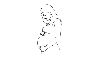 Fototapeta premium Single line drawing of pregnant woman holding her belly in a white background minimalist art style