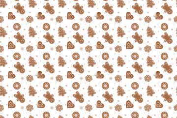 Seamless holiday pattern with gingerbread men, trees, hearts, snowflakes, and round cookies. Brown and white festive design on white background for seasonal decor and wrapping paper