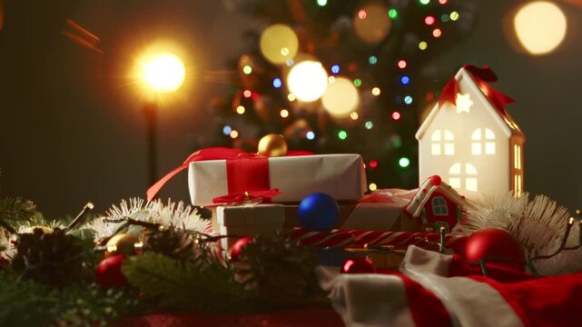 Cozy Christmas setup with wrapped gifts in red ribbons, festive ornaments, pine cones, and garlands, highlighted by soft bokeh lights from a holiday tree in the background.