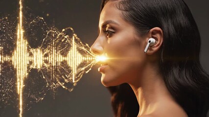 Woman in side profile wearing wireless earphones as golden audio waves build toward her face in sequence. Visualizing immersive sound experience with technology. Digital audio innovation and sensory