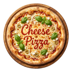 Overhead view of a whole cheese pizza on a wooden board with "Cheese Pizza" written in ketchup on top.