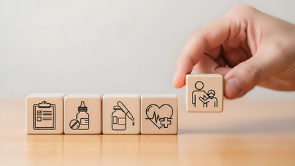 Comprehensive healthcare choices represented by wooden blocks, ideal for wellness and insurance marketing, offering protection and family wellbeing solutions