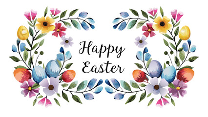 Happy easter greeting card with a delicate watercolor floral wreath featuring colorful eggs and spring blossoms on a white background