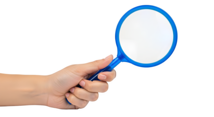 Hand holds blue magnifying glass on black. This isolated object photography is great for design, education, presentation, and social media use.