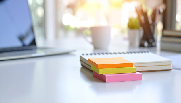 Marketing plan brainstorming sticky strategy business idea creativity note planning teamwork orange pink yellow memo pad bright office desk with