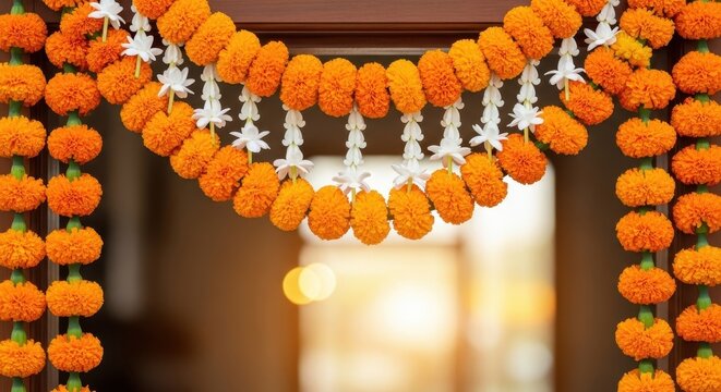 vibrant marigold and jasmine flower toran garland decorates doorway. indian festival celebration with bokeh background. invitation, banner, greeting card with copy space. - Powered by Adobe