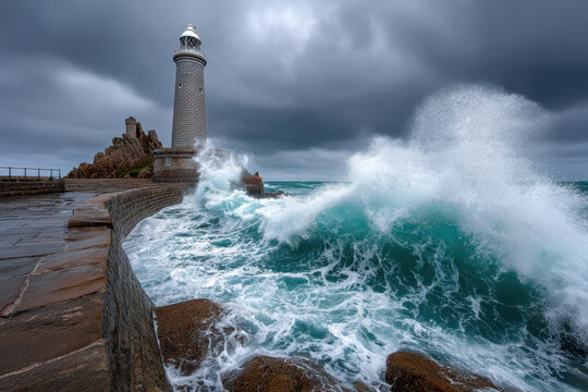 Lighthouse on rocky coast with crashing waves and dramatic sky
