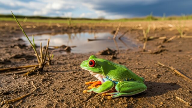 Red-eyed tree frog resting in muddy wetland landscape - Powered by Adobe
