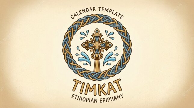 cartoon calendar cover template for timkat ethiopian epiphany illustration template featuring cross and water drops arranged in a decorative frame on light neutral background with soft vignette