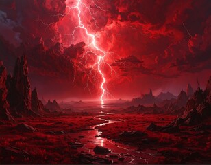 Apocalyptic Crimson Landscape with Lightning Strike Illuminating the Dark Sky