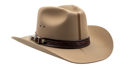 Tan cowboy hat with leather band shines, ideal for product photography, fashion branding, or western-themed social media content.