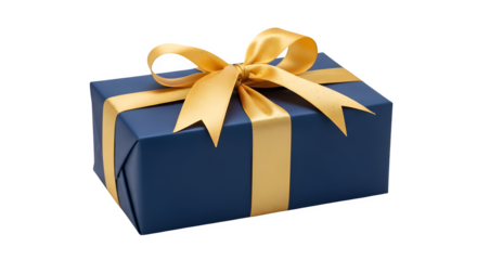 Blue wrapped gift with gold bow shines, offering a sophisticated backdrop for product promos or festive branding, perfect for social media.