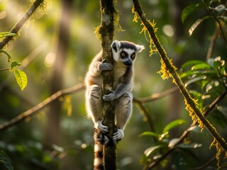 Fototapeta premium Ring tailed lemur perched on tree branch illuminated by sunlight