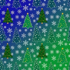 Obraz premium A festive image featuring decorative Christmas trees and snowflakes on vibrant backgrounds, perfect for holiday ads, print designs, digital projects, or packaging