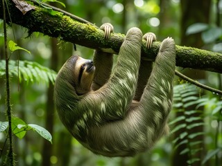 Naklejka premium Sloth hanging from tree branch in natural environment with lush foliage
