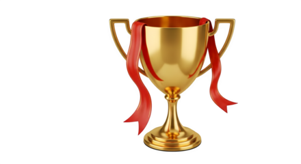 Golden, metallic trophy with red ribbon shines against a black backdrop, perfect for awards, promotion, or champion branding.