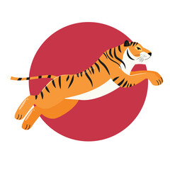 Leaping tiger symbol, dynamic wildlife mascot, powerful jungle cat in motion, modern flat style illustration isolated on bold red sun.
Keywords: