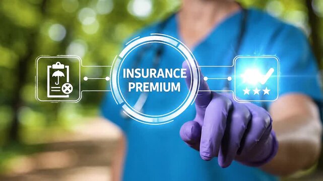 Doctor using virtual touch screen presses the inscription INSURANCE PREMIUM. Health insurance premium medicine service concept. Healthcare medical assurance help money premium healthy technology 4k